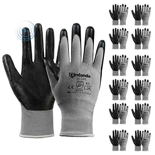 ANDANDA 12 Pairs Work Gloves, Smart Touch, 3D Comfort Stretch Fit, Nitrile Coated, Men Work Gloves with Grip, Seamless Knit Nylon, Suitable for Warehousing, Logistics, Handling, Black£¨L£©
