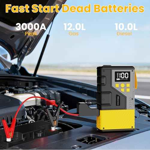Portable Car Jump Starter with Air Compressor for Emergencies,3000A Peak and 150 PSI Max,for 12L Gas & 10L Diesel Engines,LCD Display,LED Light,Power Bank