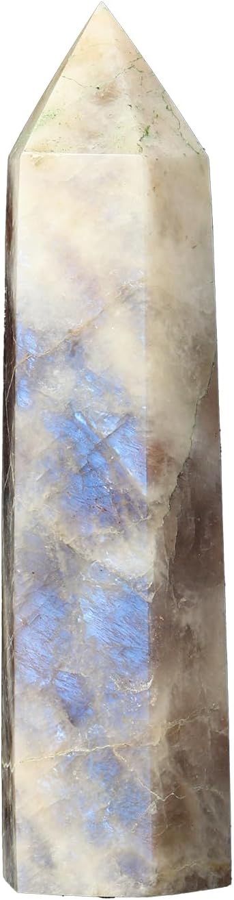 Runyangshi 1PCS Natural Crystal Moonstone Tower 1.96"-2.36" (5-6 cm) 6 Faceted Single Point Prism Healing Crystal Wand for Meditation Reiki Chakra Therapy