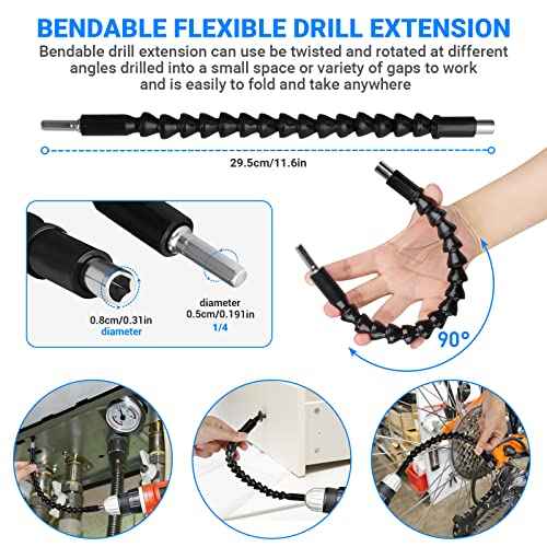 Flexible Drill Bit Extension Set 19pcs, Hex Shank 105¡ÆRight Angle Drill Attachmen, 3pcs 1/4 3/8 1/2" Universal Socket Adapter Set, 3pcs Drill Bit Holder Extension and Screwdriver Bit Kit