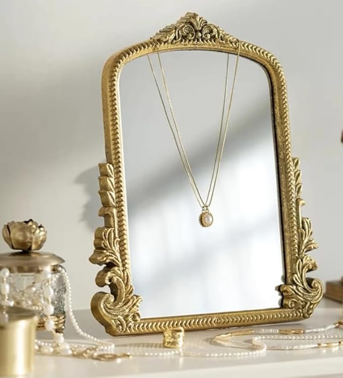 Vintage Makeup Mirror, Vanity Desk Mirror Antique Traditional Tabletop Mirror, Standing, Hang or Wall Mounted, Adjustable Dress-up Mirror, Gold Decor Mirror for Living Room,Bedroom (gold, 12*9.8 in)