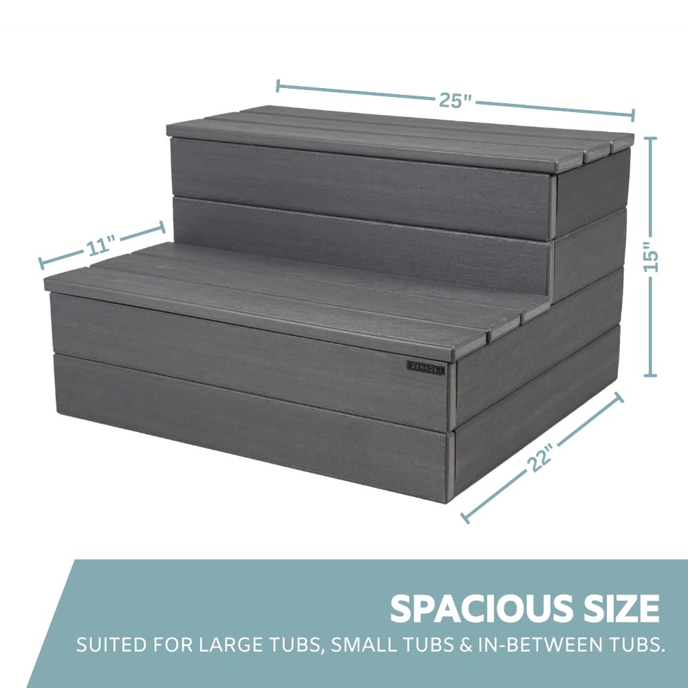 DENKOE Hot Tub Steps - Wood-Looking Plastic, 100% Waterproof, Gray Non-Slip, Heavy Duty Outdoor Spa Stairs - Multi-Use for Porch, Fits Any Size