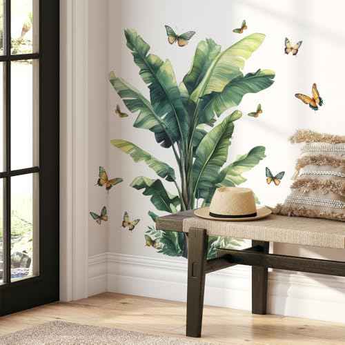 Tropical Leaf Wall Decals Palm Leaves with Butterflies Peel and Stick Wall Stickers for Living Room Bedroom Dining Room Home Wall Decor