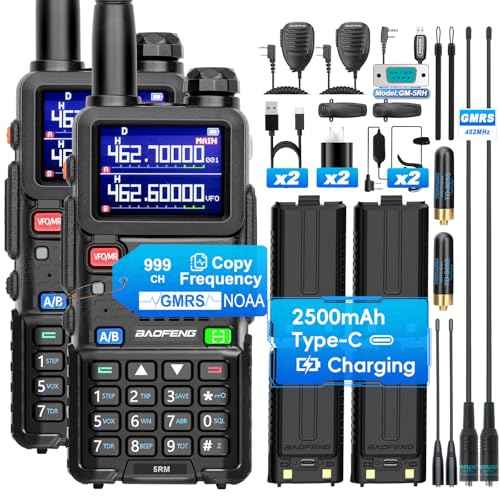 BAOFENG 5RM GMRS Handheld Radio, UV-5G Plus(4 x 2500mAh Batteries), Multi-Band Long Range 5W Two Way Radio with 999Channels NOAA Frequency Match Speaker Mic 805S & 8" & 15.5" Antennas-2 Pack Full kit