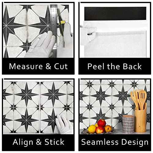 The Tiles Plaza Peel and Stick Encaustic Backsplash, Black Star Patterned Stick on Tile, Self-Adhesive Wall Tile Sticker for Kitchen Bathroom Fireplace Stairs, 10 Sheets