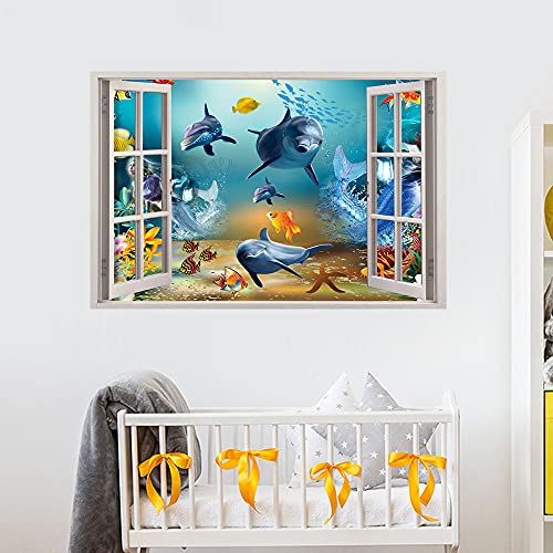 3D Ocean World Fake Windows Wall Sticker,Shark Turtle Tropical Fishes Sea Life Peel and Stick Removable Windows Wall Decals for Boys and Girls Bedroom Playroom Living Room£¨24"x18"£©