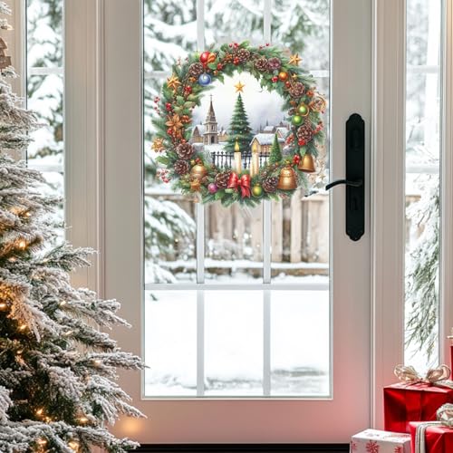 Christmas Wreath Wall Decal ? Classic Holiday Candle & Church Scene Sticker with Bells, Pinecones & Ornaments, Removable Vinyl Winter Wall Decor for Living Room, Window, Fireplace & Door Decoration