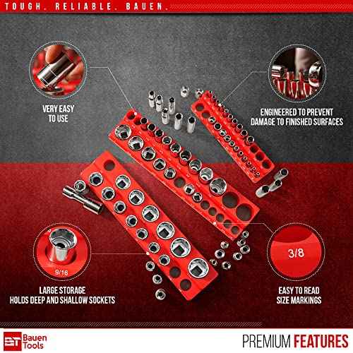 Magnetic Socket Organizer Set -3 Piece SAE Magnetic Socket Holder Set Red - 1/2-inch, 3/8-inch & 1/4-inch Drive, Holds 68 Sockets, Professional Grade Socket Tray Organizer.