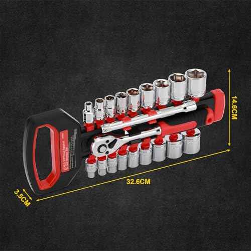 Mayouko 21PCS 3/8" Drive Ratchet Socket Wrench Set, Drive Socket Set with Shallow Sockets, 6-24mm, Extension Bar 6", Standard, 72 Tooth Quick Release Reversible 3/8" Drive Ratchet Handle, CR-V Steel