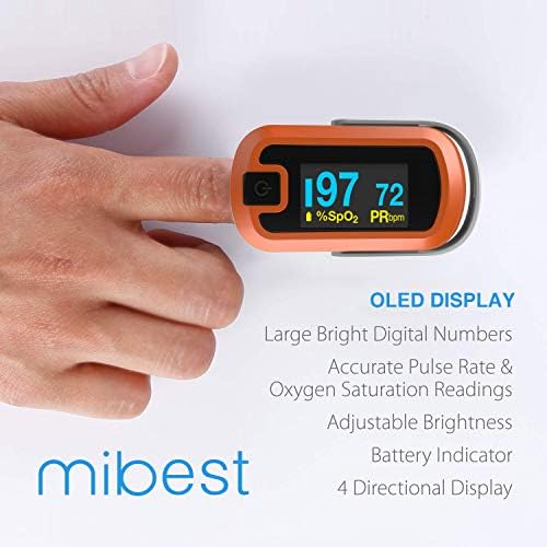 MIBEST Orange Dual Color OLED Finger Pulse Oximeter - Blood Oxygen Saturation Monitor with Color OLED Screen Display and Included Batteries - O2 Saturation Monitor
