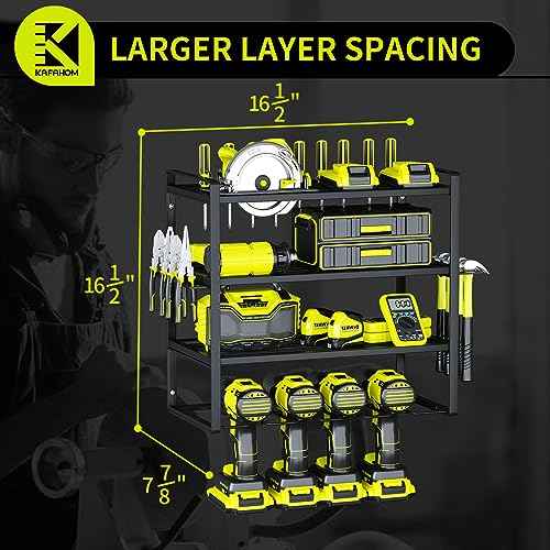 KAFAHOM Power Tool Organizer,4 Layer Drill Holders Wall Mount,Heavy Duty Metal Organizers and Storage Rack for Garage Organization,Tools Shelves with Screwdriver Plier/Hammer Holder, Black