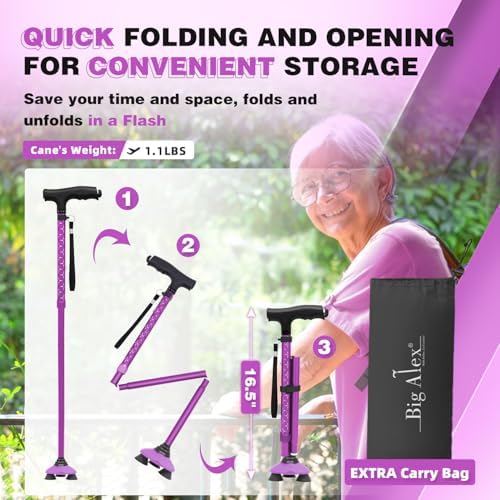 BigAlex Folding Walking Cane with LED Light, Lightweight Adjustable Canes for Women & Men, Free Standing Canes, Pivot Tip, Adjustable Travel Walking Aids with Carry Bag for Seniors Balance & Stability