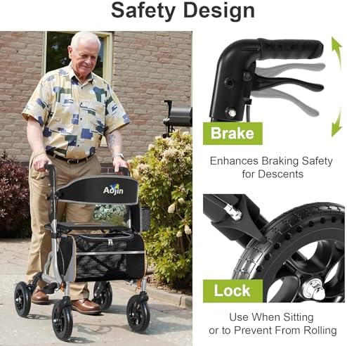 Rollator Walkers for Seniors with Seat, Foldable Walkers for Senior, 8" All-Terrain Wheels, 18" Big Seat, 6-Level Adjustable Height Rolling Walker, 350 lb, Walker for Seniors & Adults (Sliver)