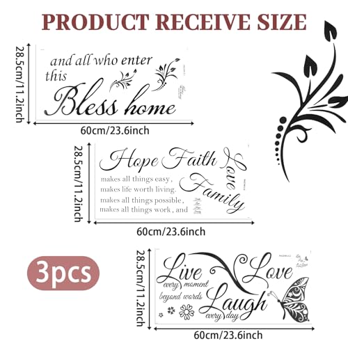 3 Sheets Motivational Wall Decor, Bless This Home Wall Decor, Inspirational Decals, Live,Love,Laugh, Bible Verses Wall Sticker Decorations for Living Room Family
