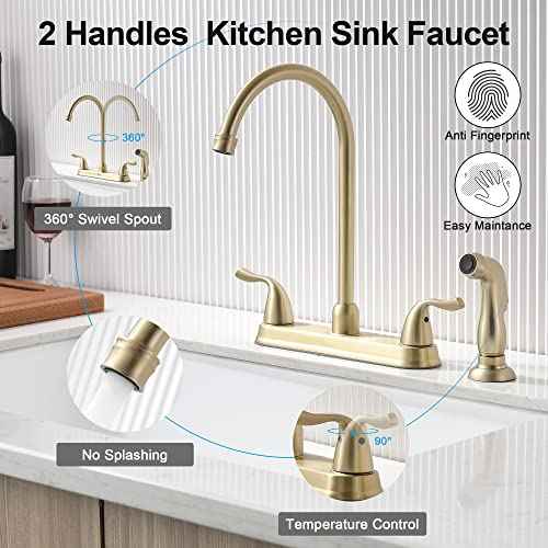 Gold Kitchen Faucet with Side Sprayer - 2 Handles 8 Inches Centerset Sink Faucets 3 or 4 Hole RV Kitchen Sink Faucet Commercial Lead-Free Utility Faucet with High Pressure Sprayer & Water Hose