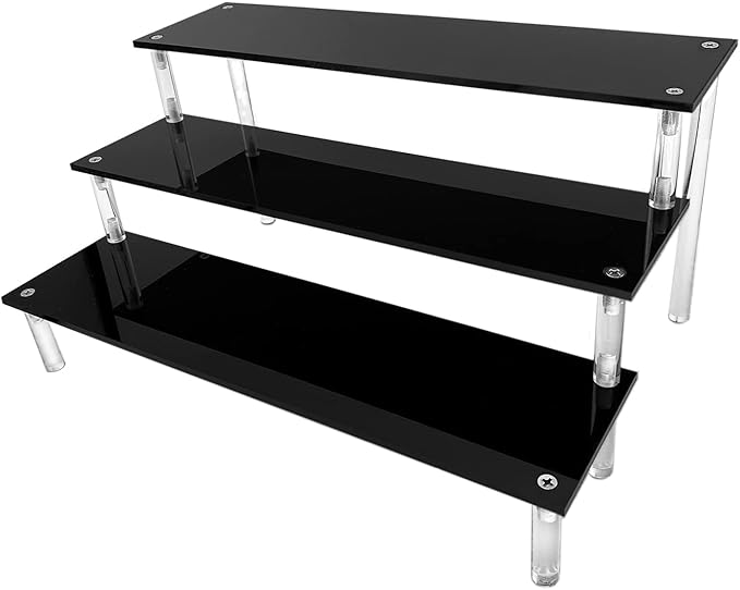 Acrylic Riser Black Acrylic Shelf Riser 3 Tier Perfume Organizer Cologne Display Stand Large Cupcake Stand Shelf for Funko POP Desserts Holder Collection Cosmetic Products Tabletop Use 12"X8"X6"