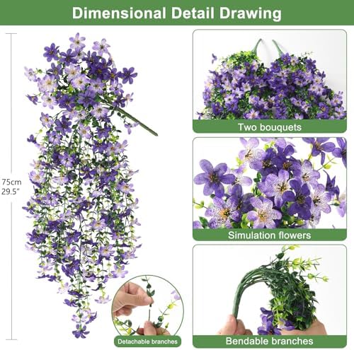 Artificial Fake Hanging Flowers Plants for Outdoor Spring Summer Decoration,2 PCS Faux Silk Daisy with Eucalyptus Leaves,UV Resistant Look Real for Outside Home Planter Porch Patio Balcony Yard Decor