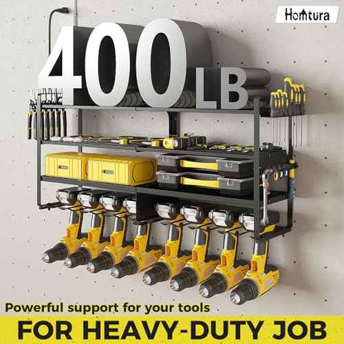 1 Pack Power Tool Organizer Wall Mount with 8 Outlet Power Strip, 4-layer Heavy-duty Metal Tool Storage Rack, Maximum Load of 400lbs, Garage Organization with 4 Racks and 8 Cordless Drills