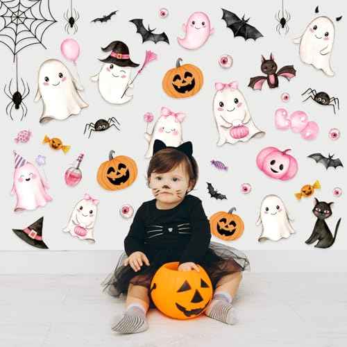 Whaline 9 Sheets Halloween Wall Stickers Pink Ghost Pumpkin Bats PVC Wall Decals Cute Self-Adhesive Decoration for Halloween Party Home Classroom Office
