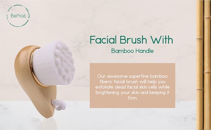 BeNat. Facial Bamboo Wood Handle Cleansing Brush. Extra-Soft Fiber Facial Brush. White.