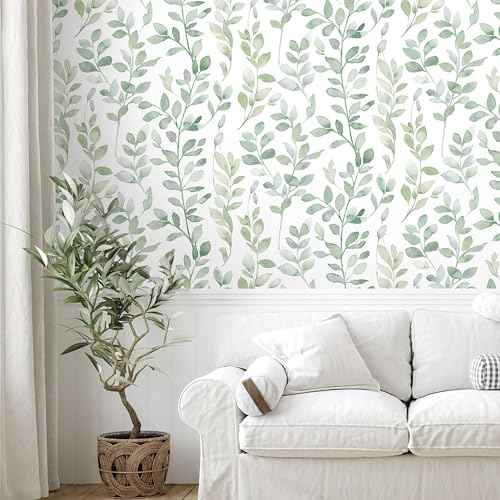 MelunMer Modern Leaf Peel and Stick Wallpaper Boho Green Contact Paper for Cabinets Self-Adhesive Removable Wallpaper for Bedroom Decor Botanical Contact Paper Bathroom Waterproof 78.8inL17.3inW