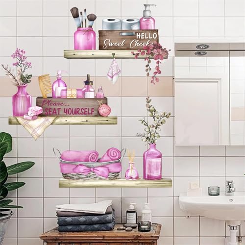 Pink Towel Shelf Wall Stickers, sacinora Cosmetic Brush Organizer DIY Wall Decals Removable Vinyl Peel and Stick for Girls Women Bathroom Restroom Toilet Art Home Decoration