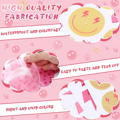 Kisston 9 Sheets Preppy Pink Wall Decal Hot Aesthetic Howdy Smile Face Lightning Vinyl Wall Decals Pink Cheetah Murals Decal for College Students Girls Dorm Bedroom Living Room Nursery Decoration