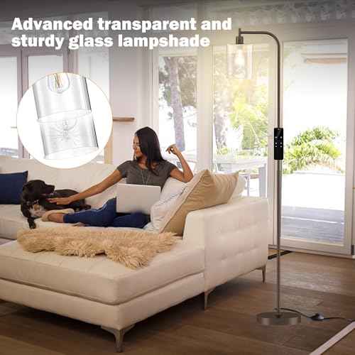 Industrial Floor Lamp with Glass Shade, Modern Dimmable Floor lamp with Remote LED Bulbs, Tall Lamp for Living Room Corner, Bedroom, Office (Bronze)