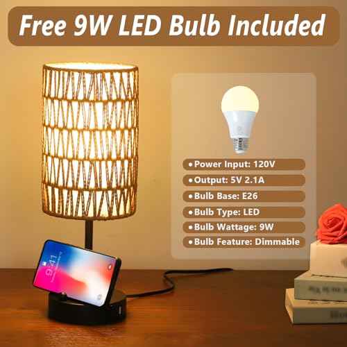 Touch Table Lamp Set of 2 For Bedroom with Bulb, Boho Small Desk Lamp For Living Room With Rattan & Linen Shade, 3 Way Dimmable Bedside Table Lamp For Nightstand With USB Charging Port & Phone Stand