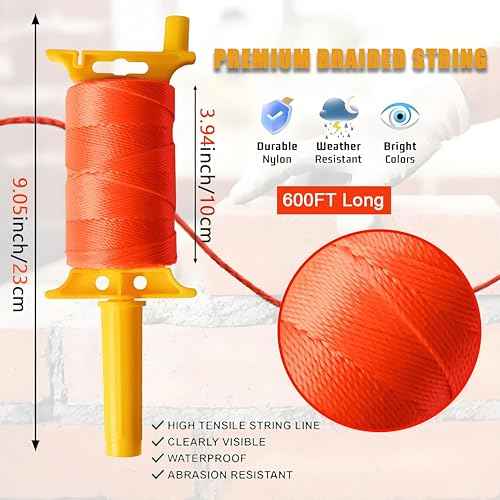 Reloadable Line Reel,Mason Line String line with Handle, 600 Ft Length Nylon Twine,18 Braided Nylon String for Gardening Or Masonry Tools,Outdoor Kite£¬Twine String for Gardening Fluorescent Orange