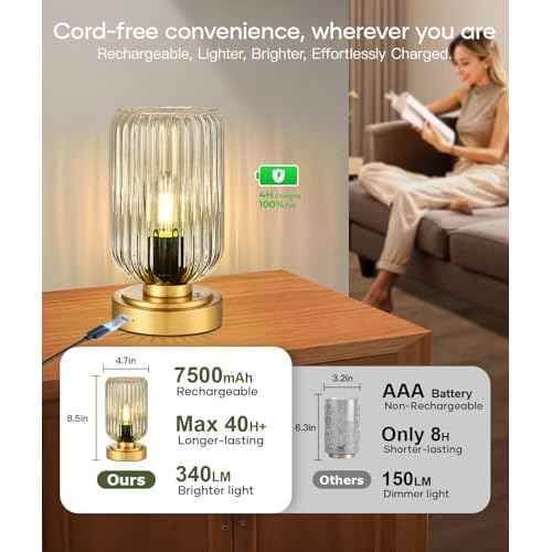 Touch Table Lamp for Nightstand - Small Bedside Lamps for Night Stands Bedroom Living Room, Dimmable Rechargeable Desk Lamp Battery Operated with Clear Glass Shade, Bulb Included