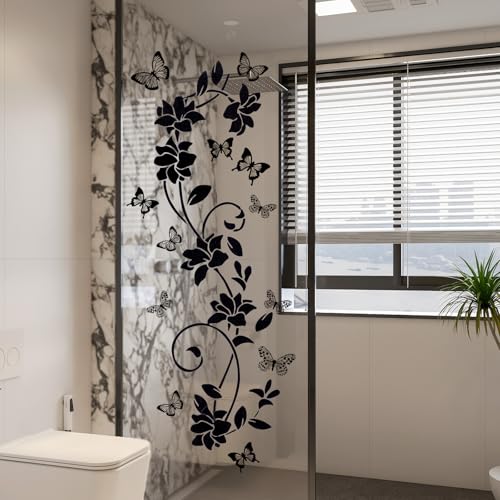 Black Flower Vine Butterfly Wall Stickers Art Design Wall Sticker Anti-Collision Window Vinyl Sticker Butterfly Glass Door Walls Decor for Bathroom Bedroom Kitchen Home Decorations