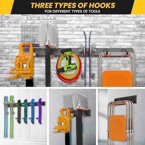 Garage Storage Organization Wall Mount, Garden Tool Organizer 48 Inches, Adjustable Heavy Duty Metal Hooks, Yard Tool Organizer Hold Up to 450lbs, Hanging Rake Broom Mop Snowboard (48 inch)