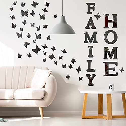 Outus 3D Family Home Sign Letters Living Room Decor Family Rustic Farmhouse Wall Decor Acrylic Mirror Decorative Butterfly Mirror Wall Sticker Decals for Living Room Bedroom Kitchen (Black)