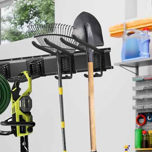 Garage Tool Organizer Wall Mount 48 inches Sturdy Storage Rack with Adjustable Hooks, Anti-Rust - Easy Installation, 12 Packs Capacity Garden Tool Organizer