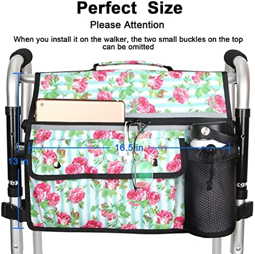 Wheelchair Storage Bag, Double-Sided Armrest Pouch with Cup Holder and Reflective Strip, for Wheelchairs and Walkers (White Floral)