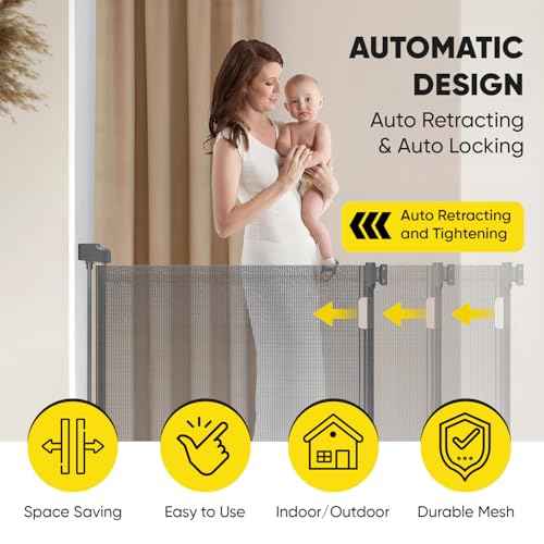 Retractable Baby Gate ? 35" Tall, 55" Wide Mesh Safety Gate for Dogs & Babies, Indoor/Outdoor Use for Stairs, Doorways, Hallways, Deck & Porch ? Easy One-Handed Wall Mount Design