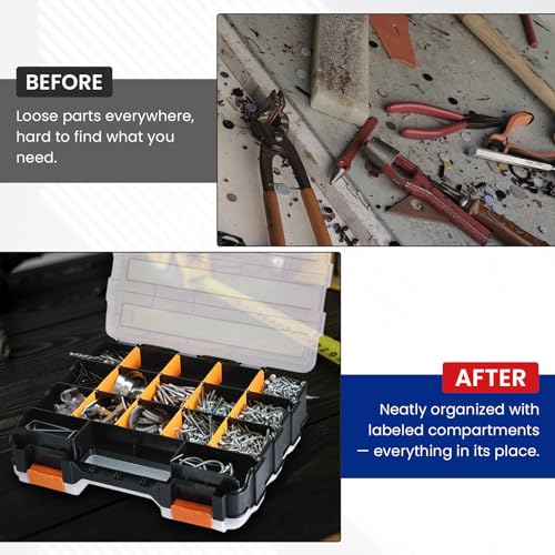Small Parts Organizer, Hardware Organizer Box, 2 Pack Double Side 34 Compartments Hardware Organizers with Removable Plastic Dividers for Screws Nuts Nails Bolts