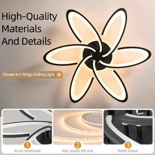 Modern LED Ceiling Light, 6+1 Rings 93W Dimmable Ceiling Light Fixtures 29.5" 3000K-6500K Flush Mount Black Flower Ceiling Lamp with Remote for Living Room,Bedroom,Kitchen