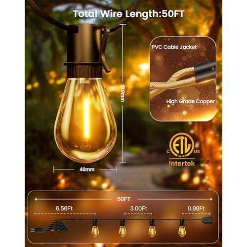 Torkase 50FT Outdoor String Lights LED, S14 Shatterproof Bulbs (15+1), Waterproof Dimmable Patio Lights for Backyard, Porch, Garden - Connectable Commercial Grade