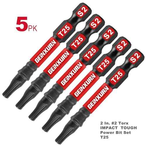 5Pieces T25 2 In. Impact Tough Magnetic Screwdriver Bit Set, #25 Torx Head Power Bits, S2 Alloy Steel Star Head T25