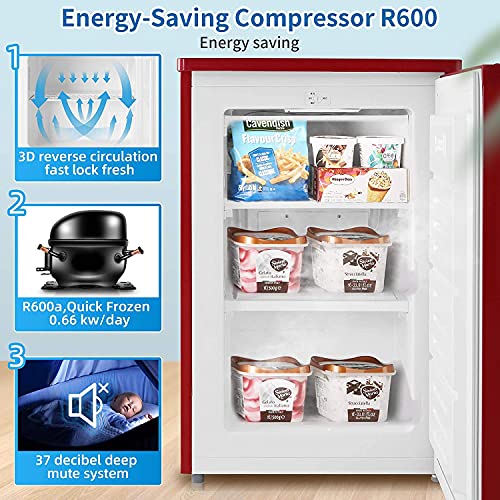 LHRIVER Mini Freezer, 3.0 Cu.ft Small Upright Freezer with Handle, Removable Shelves, Adjustable Thermostat, Low Noise for Bedroom/Apartment/Office, Red