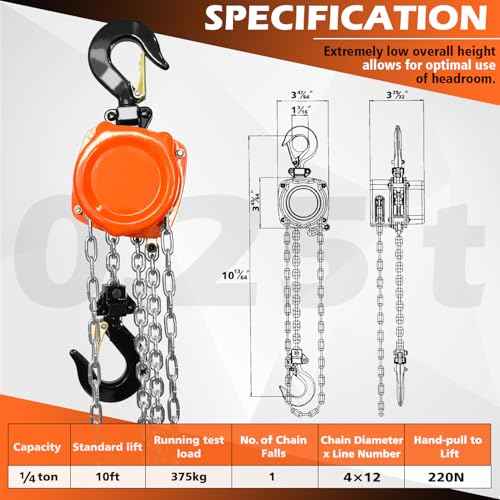 Chain Hoist 1/4 Ton (550Lbs), Portable Mini Hand Chain Hoist Compact 10FT, Manual Chain Block Hoist 10.2" Headroom, Lightweight Industrial Steel for Garages Warehouse Automotive Machinery
