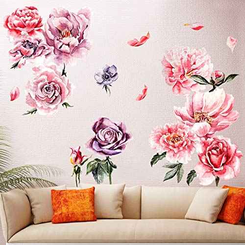 Amaonm Removable 3D Beautiful Pink Red Peony Flower with Green Plants Leaf Wall Decal Wall Stickers DIY Peel and Stick Art Decor for Kids Girls Bedroom Living Room Nursery Decoration (A)