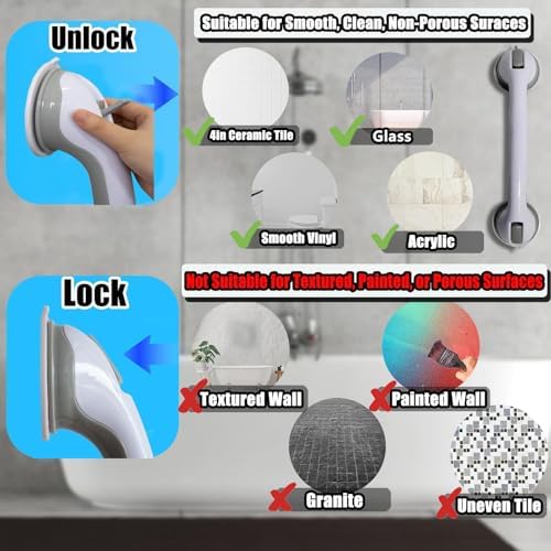 Shower Grab Bar, Suction Grab Bars for Shower, 2 Pack 16 Inch Shower Handles for Elderly Suction, Bathroom Grab Bars for Seniors, Shower Grab Bars Suction Heavy Duty, Waterproof No Drilling