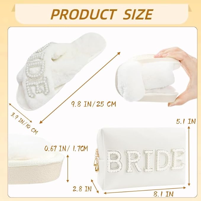 Bridal Shower Gifts, Bride to Be Letter Makeup Bag with Pearl Rhinestone Fuzzy Bride Slippers Wedding Engagement Gifts for Her, Bachelorette gifts