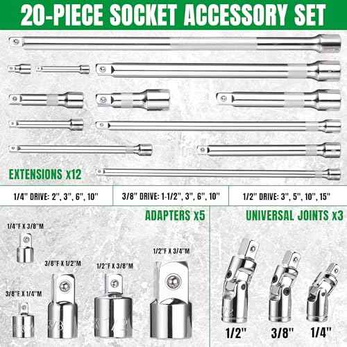 SK 20 Piece Socket Extension Set, 1/4", 3/8" and 1/2" Drive Extension Bar, Swivel Universal Joints and Adapters, SuperKrome Finish, Premium CR-V Construction