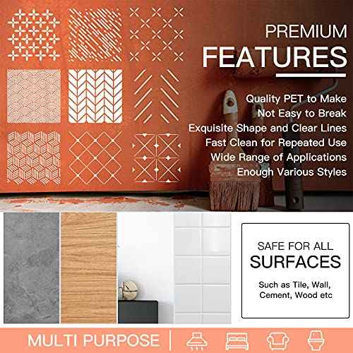 9 Pieces 12 x 12 Inch Geometric Wall Stencils Herringbone Geometric Wall Templates Painting Stencils Reusable Art Modern Tile Stencil for Painting on Walls Floor Canvas Wood Furniture