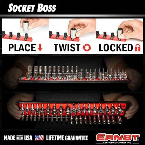 Ernst Manufacturing Socket Boss, Premium 2-Rail 3/4-Inch-Drive Socket Organizer, 19-Inch, Red - Made in the USA