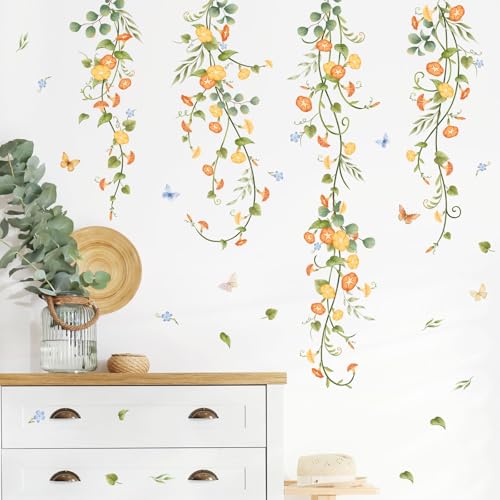 Hanging Flowers Vine Wall Stickers Yellow Morning Glory Wall Decals Autumn Floral Butterflies Art Wall Decor for Bedroom Living Room Sofa TV Backdrop